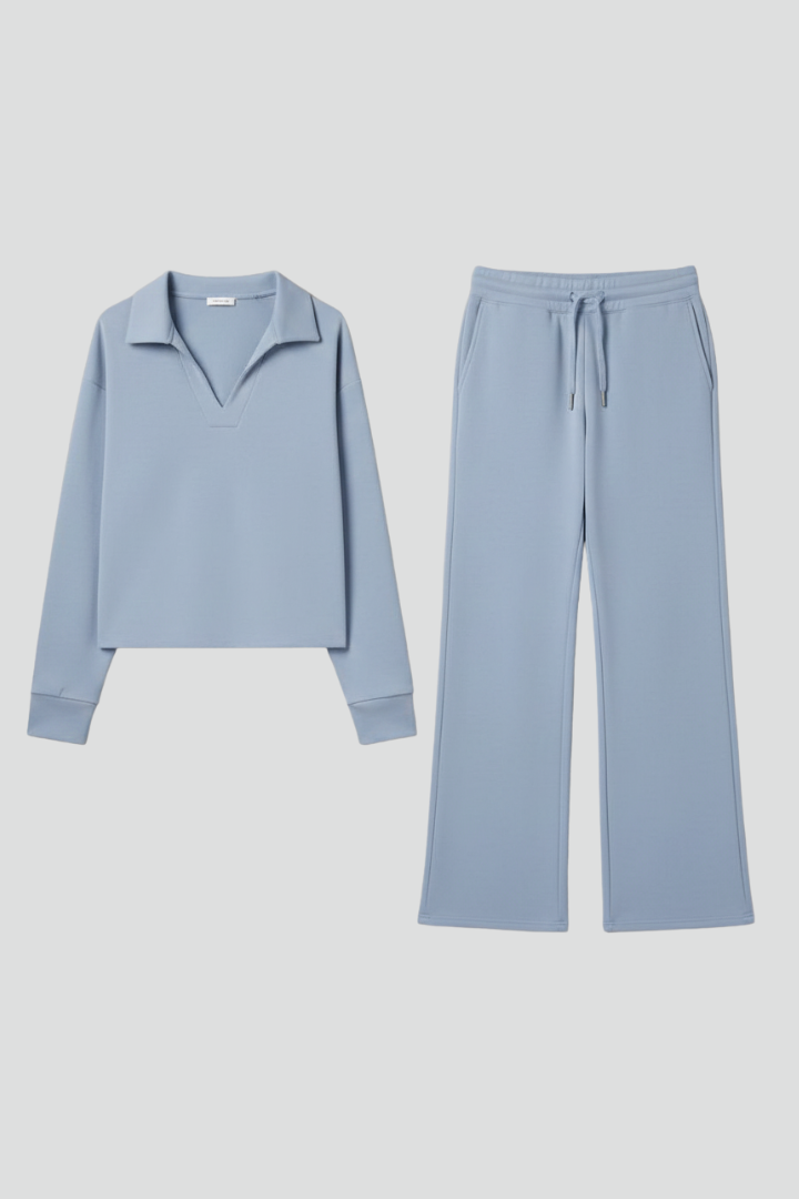 Elegant women's V-neck top & wide-leg pants two-piece set for comfortable, stylish everyday wear.