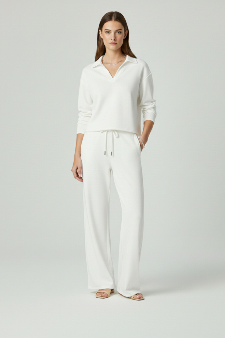 Women's elegant V-neck top & wide-leg pants set, a versatile and modern addition to your wardrobe.
