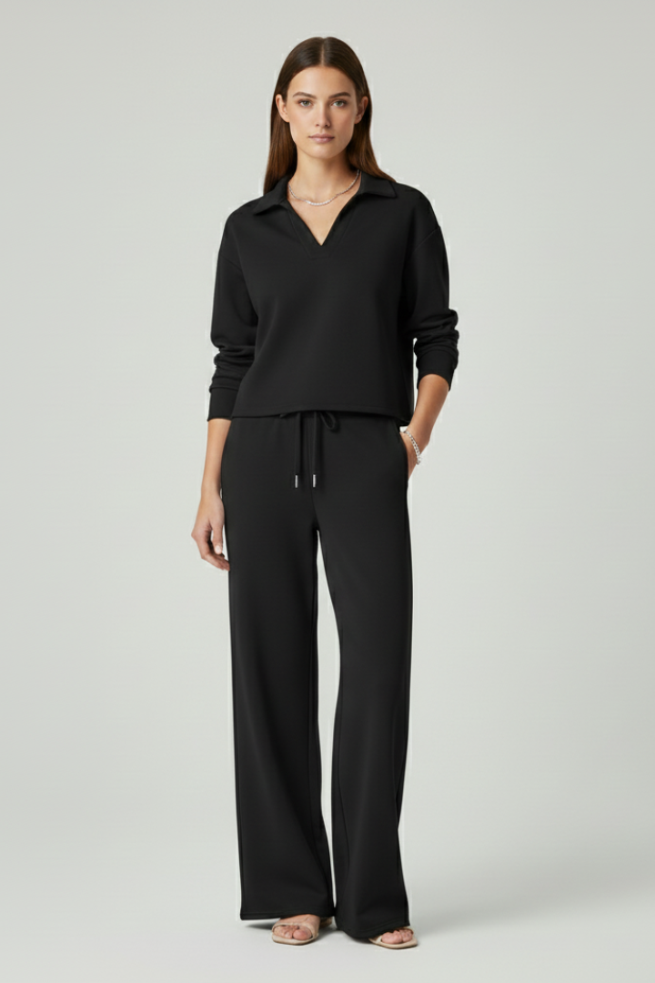 Sophisticated women's V-neck top and wide-leg pants set, offering a relaxed and fashionable look.