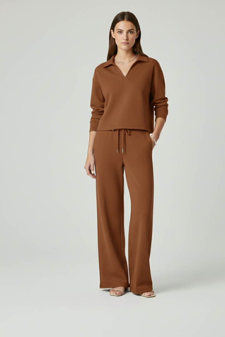Relaxed fit women's V-neck top & wide-leg pants set, perfect as comfortable loungewear or a casual outfit.