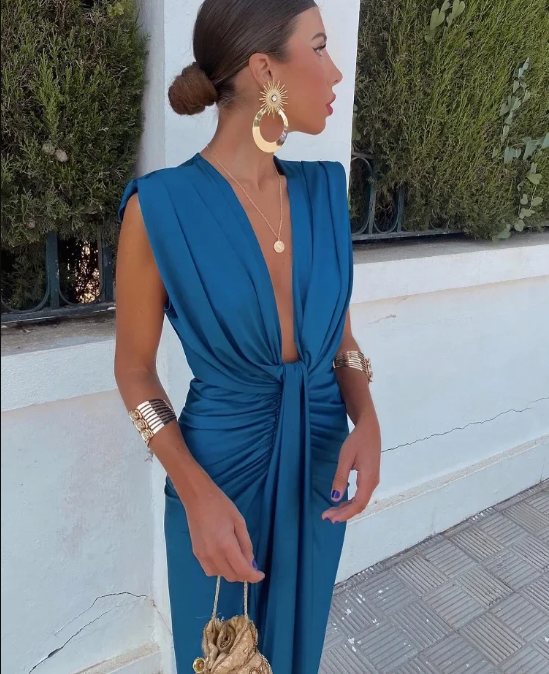 Elegant women's V-neck twist front maxi dress, perfect for wedding guests or formal evening events. Chic and flattering.