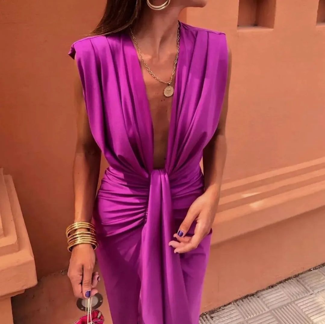 Long elegant V-neck twist front formal dress, perfect for a wedding guest, gala, or any special occasion.