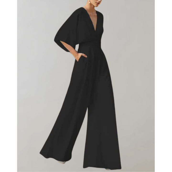 Formal women's V-neck wide-leg jumpsuit, a stylish one-piece for elegant evening outfits.