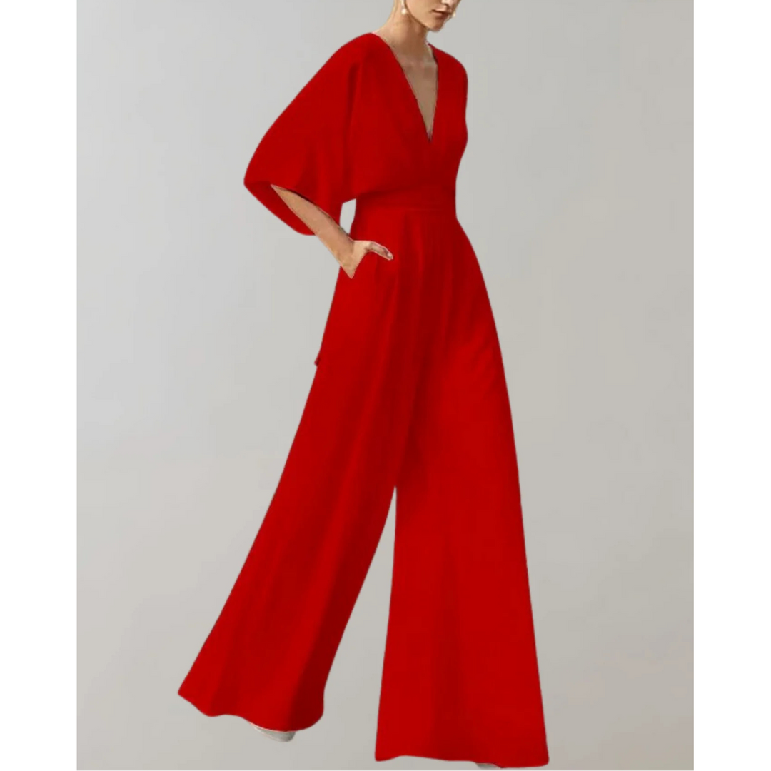 Chic women's V-neck jumpsuit with a flattering wide-leg silhouette, perfect for sophisticated style.