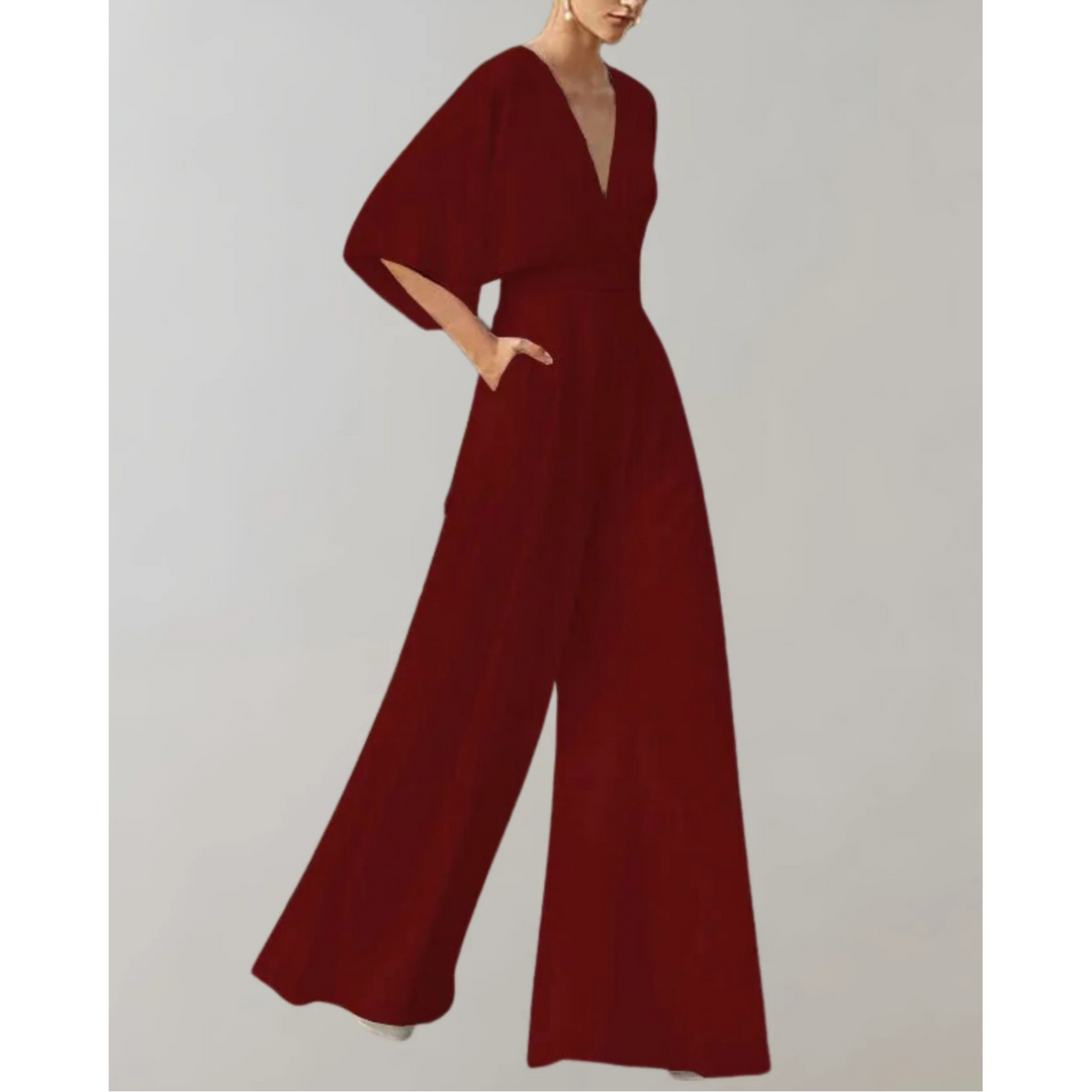 Modern V-neck wide-leg jumpsuit for women, a comfortable and elegant one-piece party outfit.