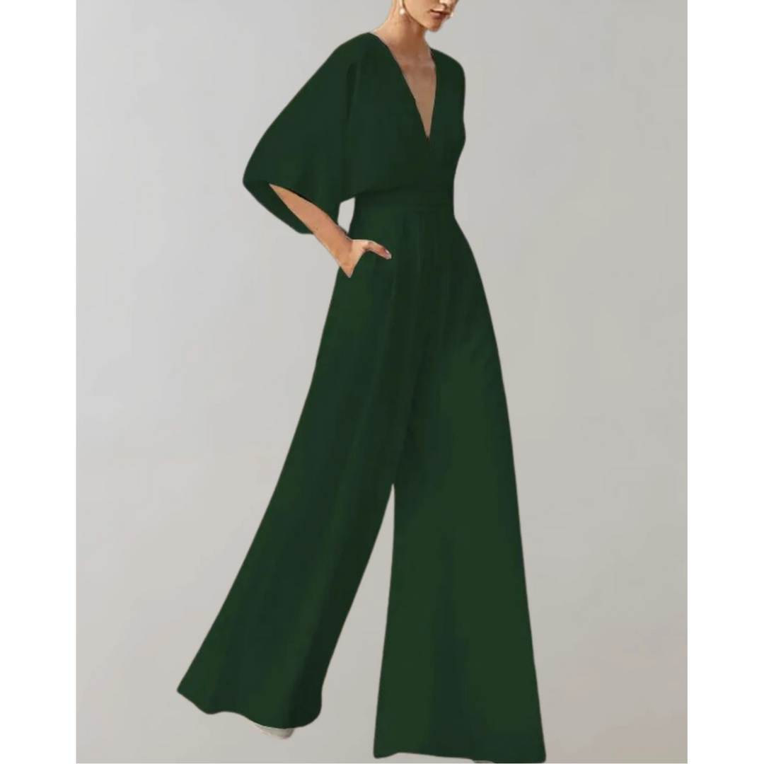 Stylish women's V-neck wide-leg jumpsuit, a flowy one-piece perfect for evening parties.