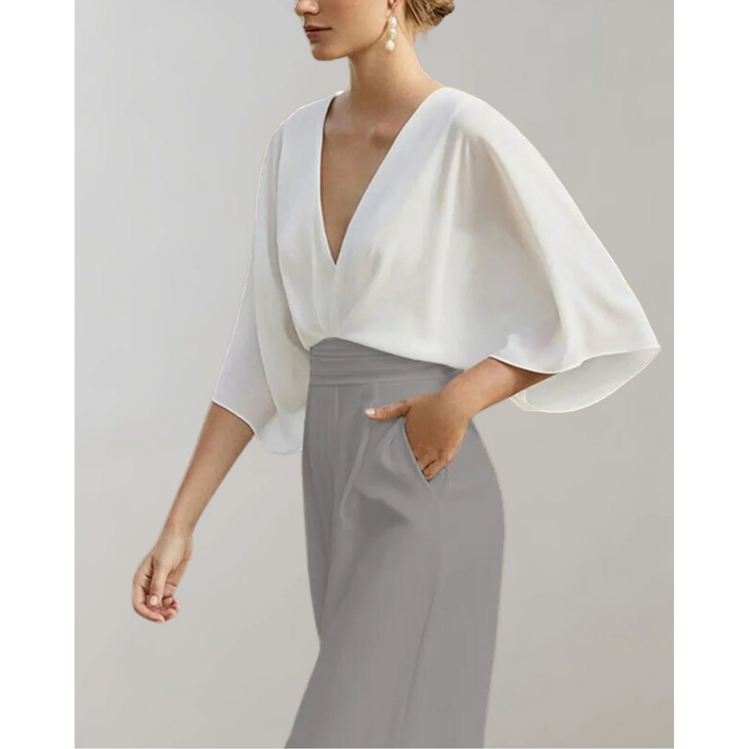 Chic women's V-neck wide-leg jumpsuit, versatile formal one-piece for elegant evening & party wear.