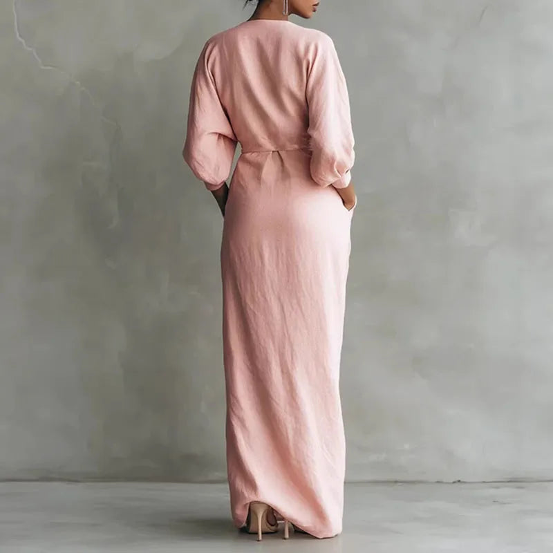 Stylish brown long sleeve V-neck wrap maxi dress for women, offering a flattering bodycon fit.