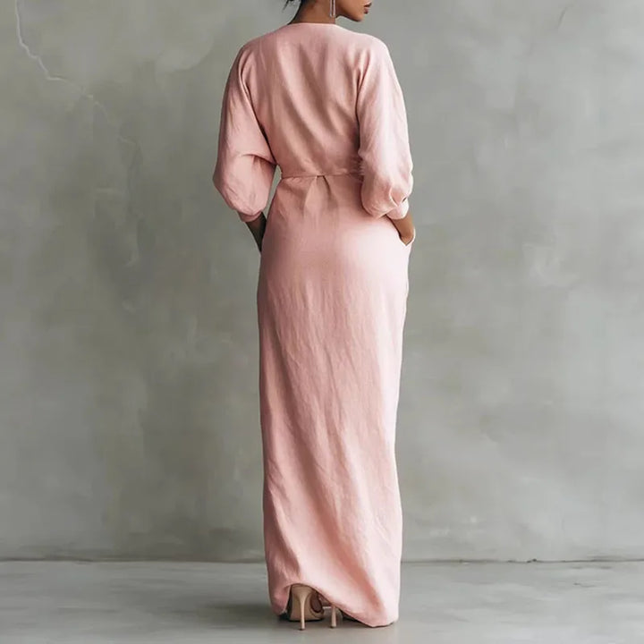 Stylish brown long sleeve V-neck wrap maxi dress for women, offering a flattering bodycon fit.