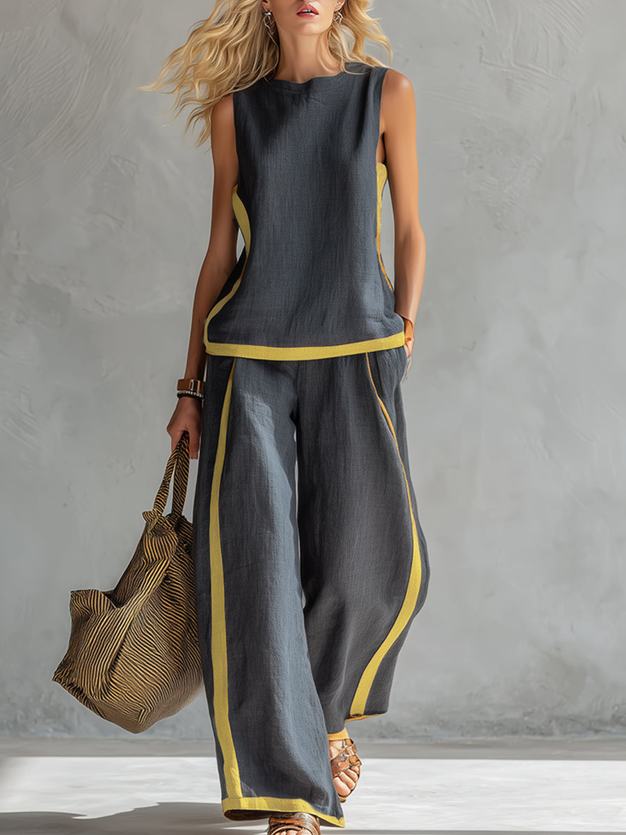 Elegant women's vest and wide-leg pants matching set, perfect for casual or work attire. Chic two-piece ensemble.