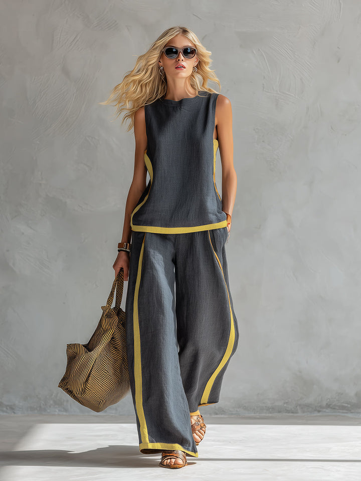 Casual women's loose-fit vest and pants co-ord set. Comfortable two-piece for leisure or chic everyday wear.