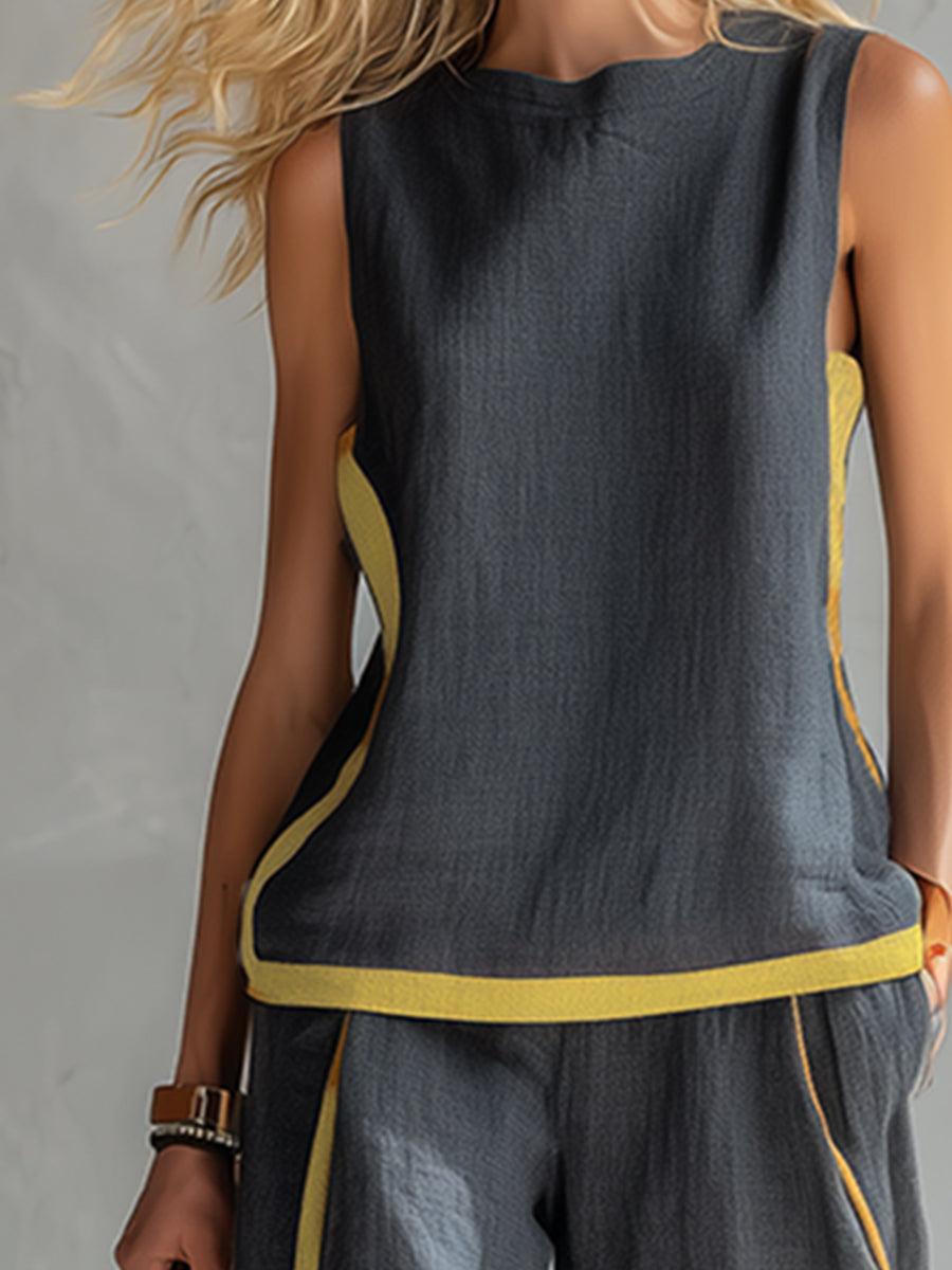 Chic women's sleeveless vest and wide-leg pants matching set. A versatile two-piece ensemble for elegant casual fashion.