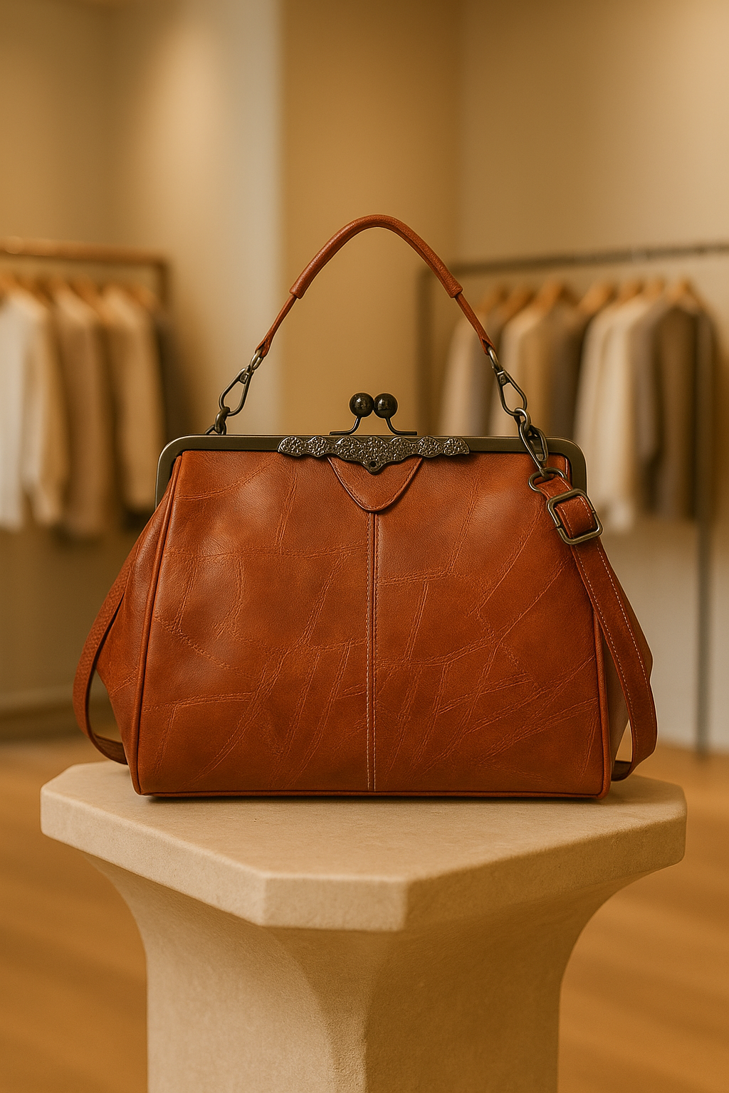 Elegant women's vintage brown leather shoulder bag with classic design & gold hardware.