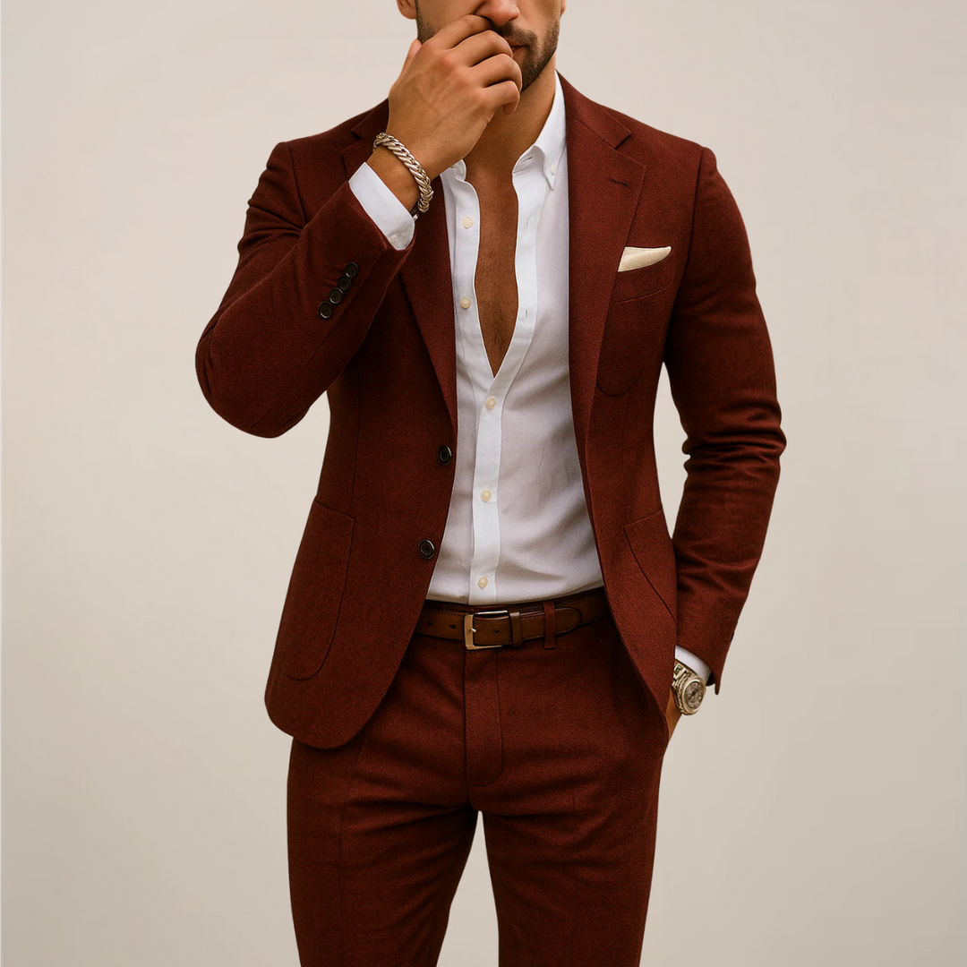 Elegant women's warm tones two-piece suit. Sleeveless tailored top and wide leg pants for a chic summer outfit.