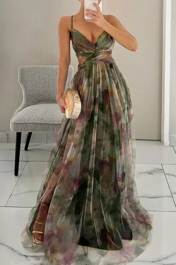 Chic women's elegant floral maxi dress, a beautiful long summer party or wedding guest dress with flowy design.