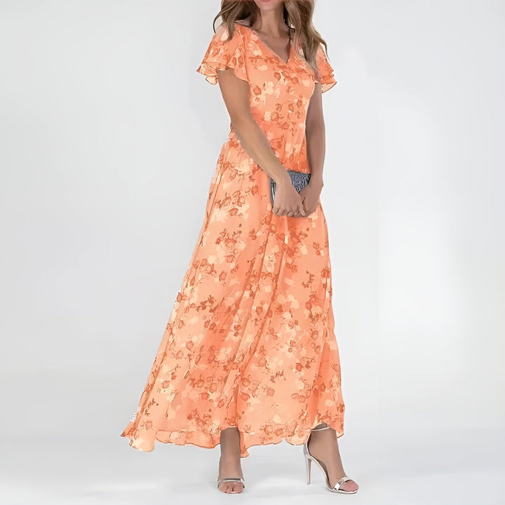 Elegant women's watercolor floral print maxi dress, perfect for summer occasions or garden parties.