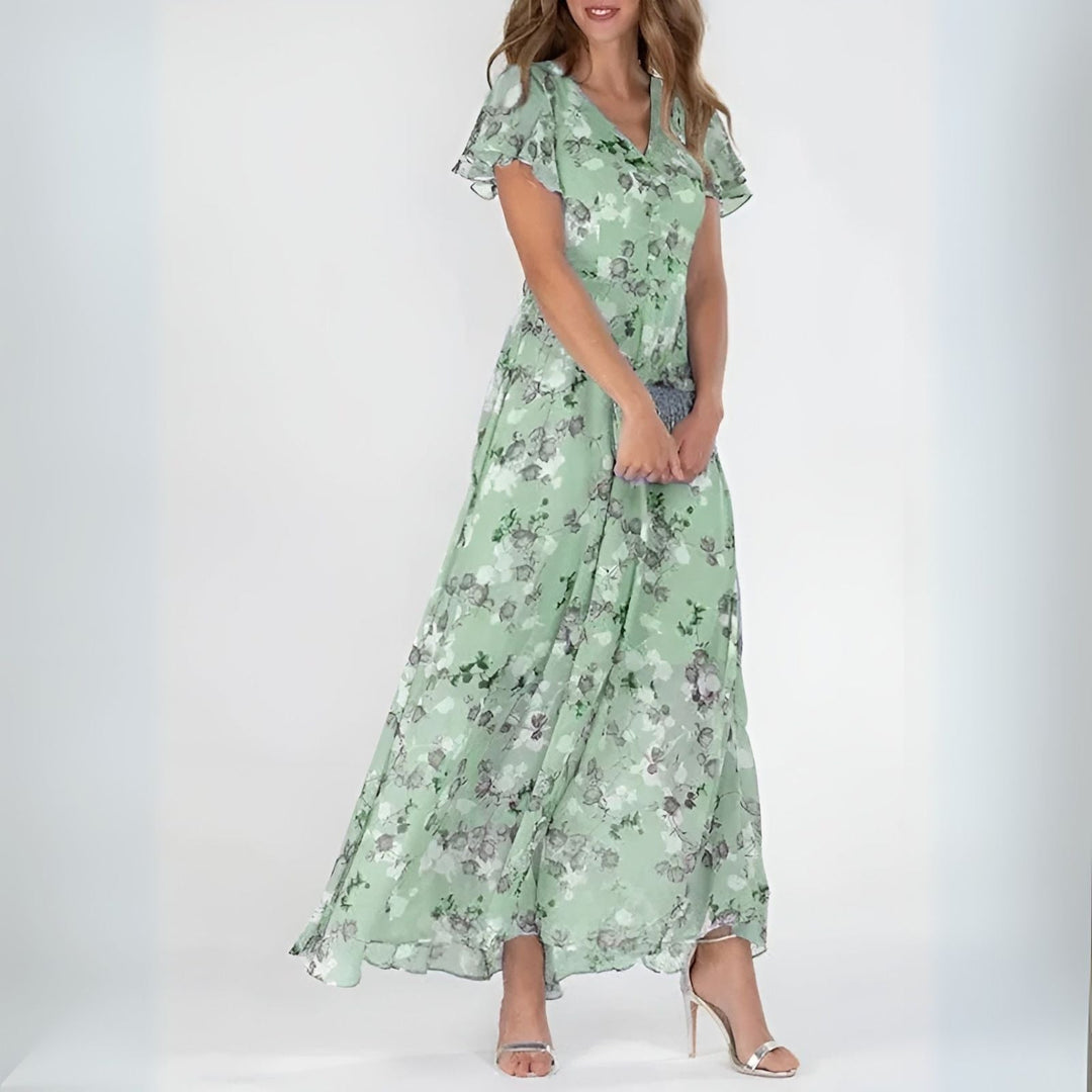 Feminine watercolor floral print maxi dress for women, an elegant choice for summer parties and events.