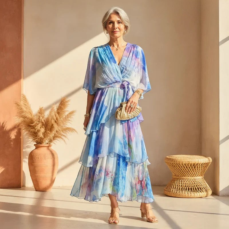 Elegant women's watercolor flowy maxi dress, perfect for formal occasions, parties, or evening events.