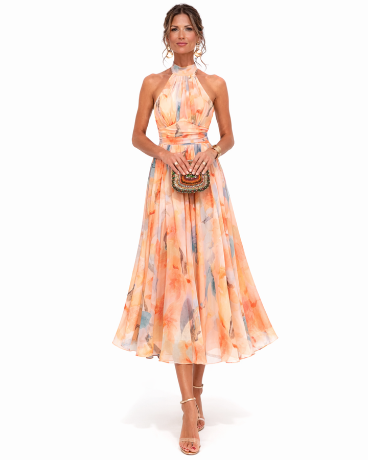 Elegant women's watercolor print halter neck maxi dress, perfect for summer parties & special occasions.