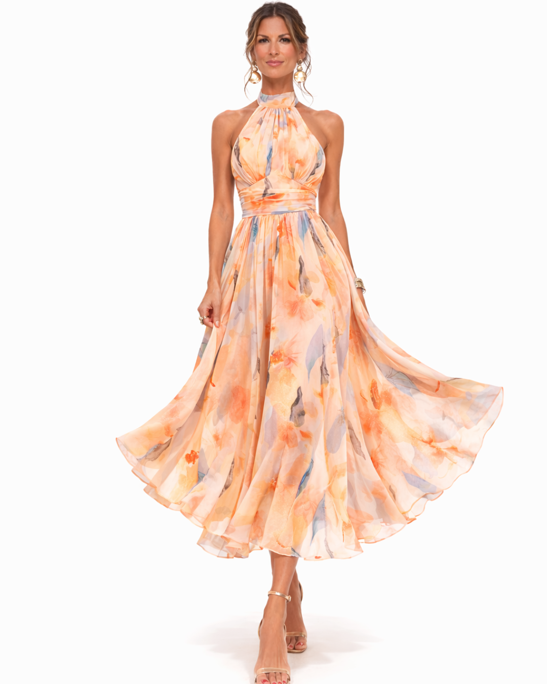 Chic flowing maxi dress for women, featuring a vibrant watercolor print & stylish halter neck design.