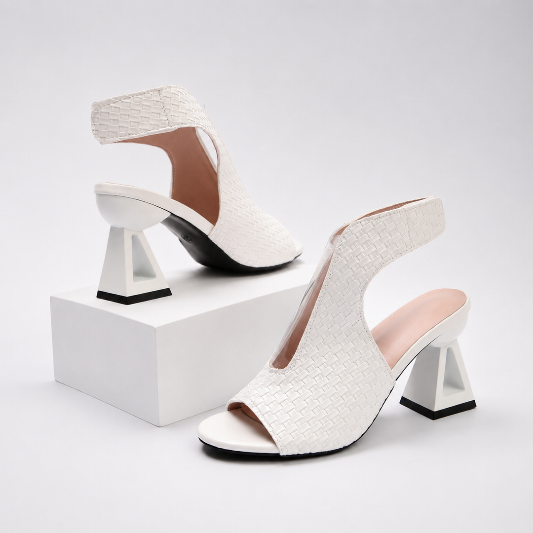 Chic open-toe heels for women, showcasing an elegant weave design and a distinctive geometric statement heel.