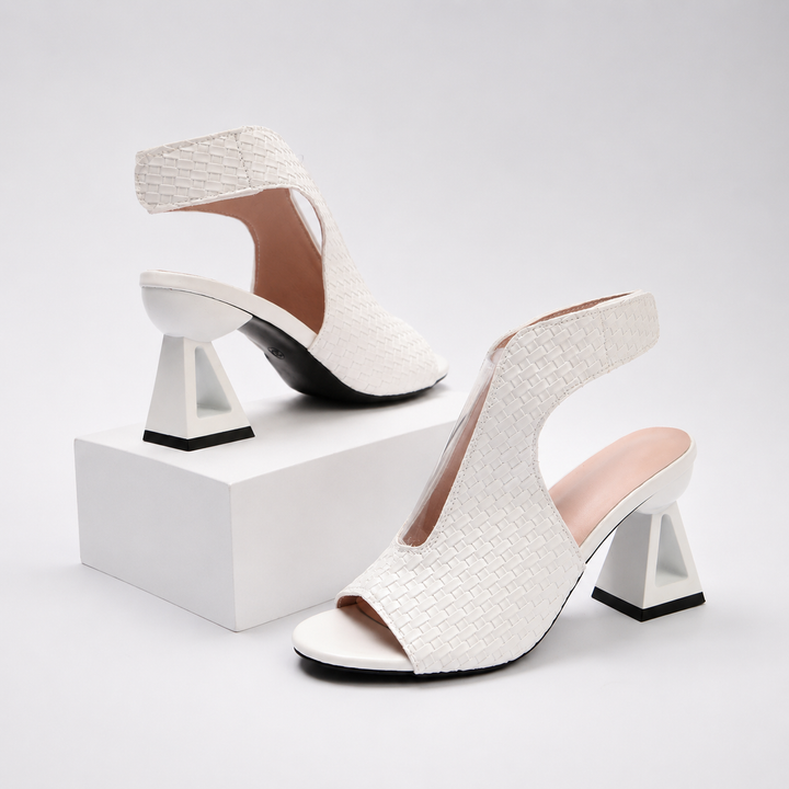 Chic open-toe heels for women, showcasing an elegant weave design and a distinctive geometric statement heel.