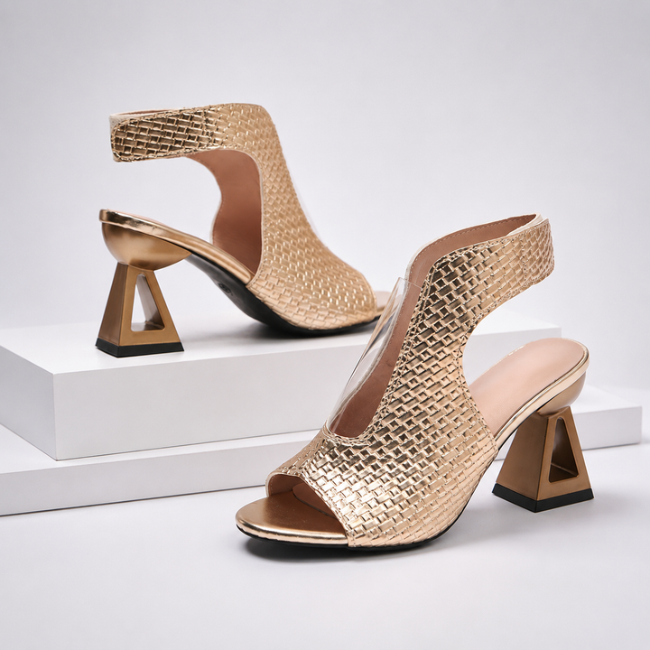 Elegant women's weave heels: open-toe design, secure slingback, and a striking geometric block heel.