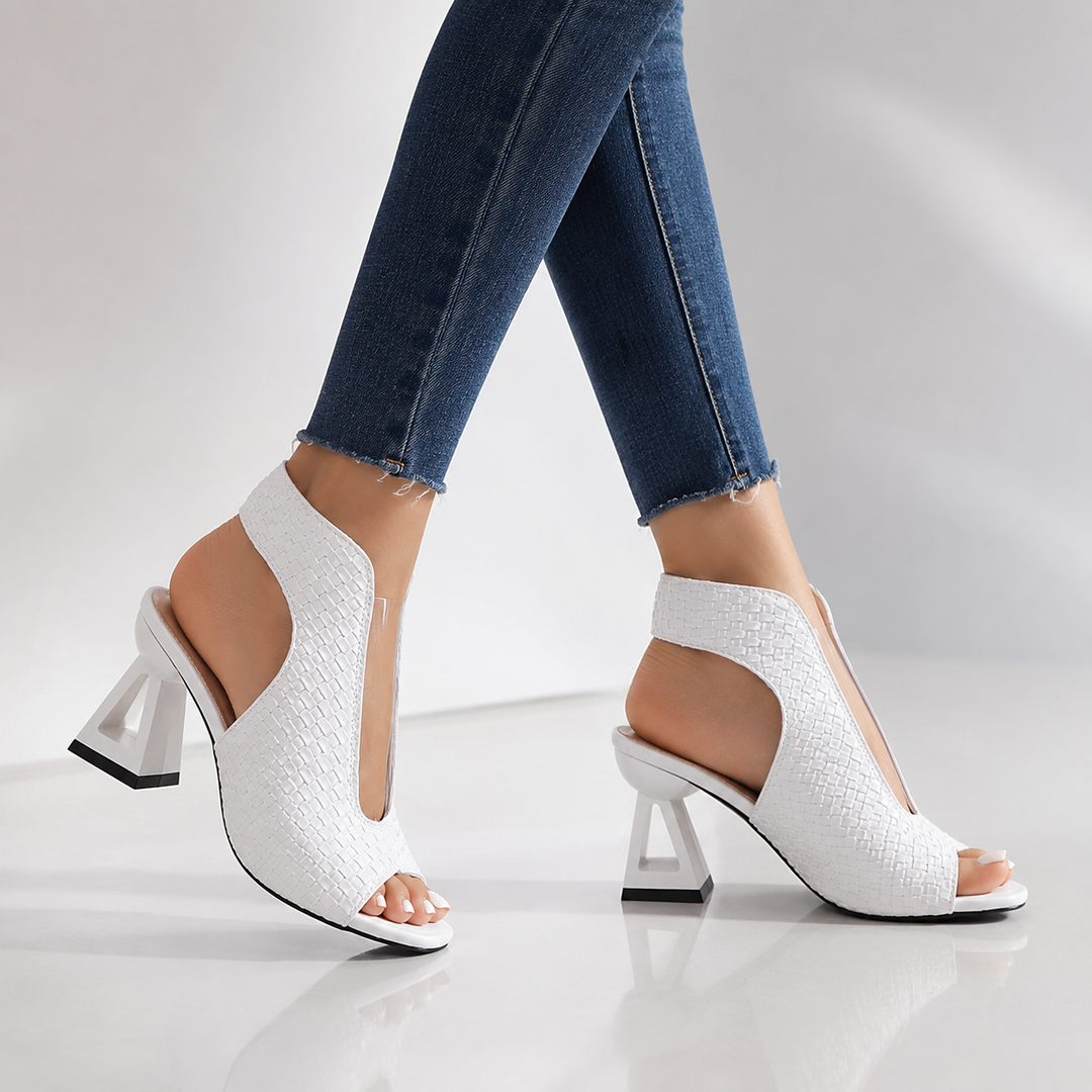 Statement geometric heels for women, an elegant open-toe weave design perfect for dressy evening wear.