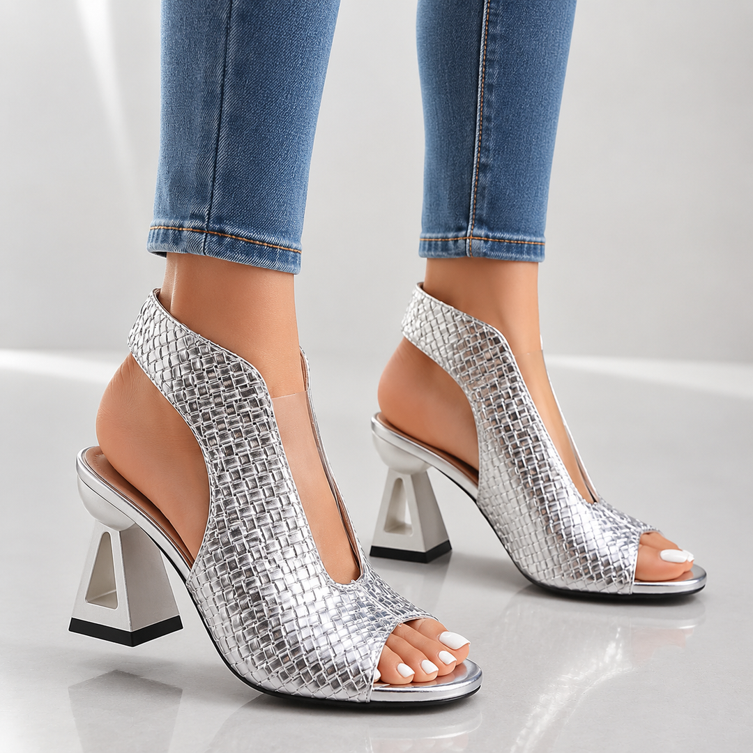 Sophisticated open-toe weave heels with a contemporary geometric heel, suitable for elegant women's outfits.
