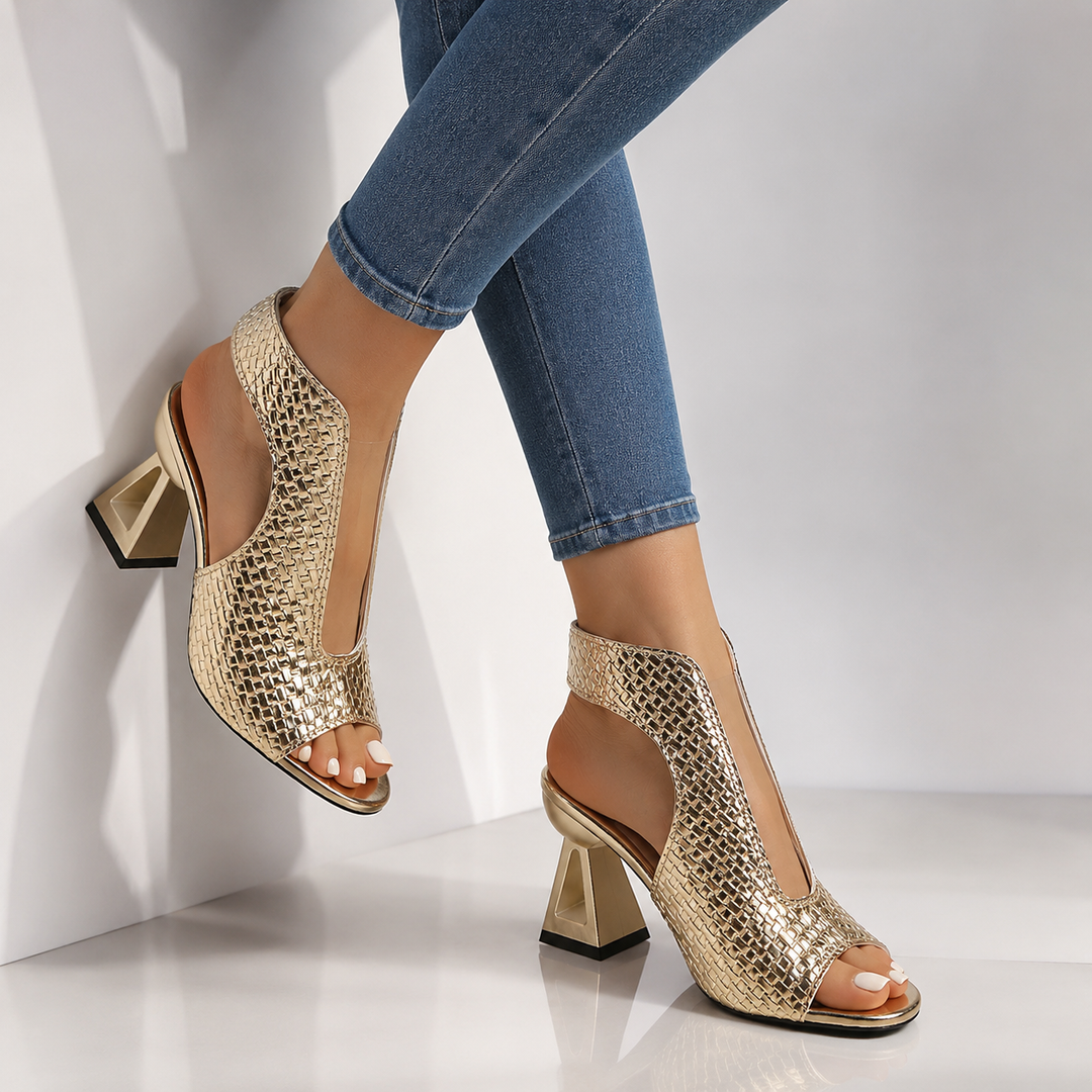 Women's party wear open-toe heels, featuring a stylish weave pattern and a bold geometric block heel.