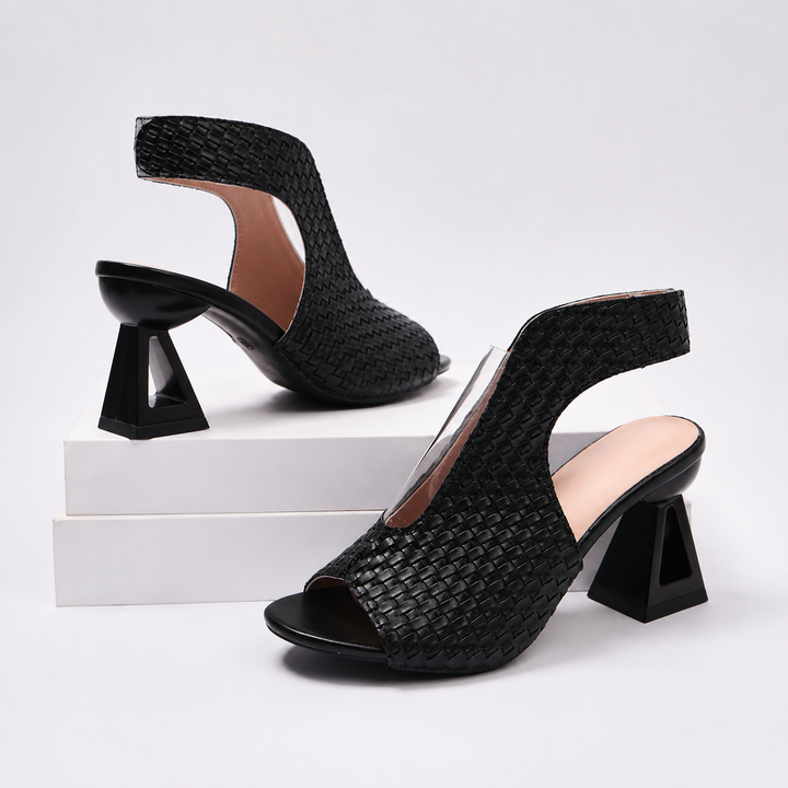 Luxury weave open-toe slingback heels with a modern geometric heel, perfect for formal and evening events.