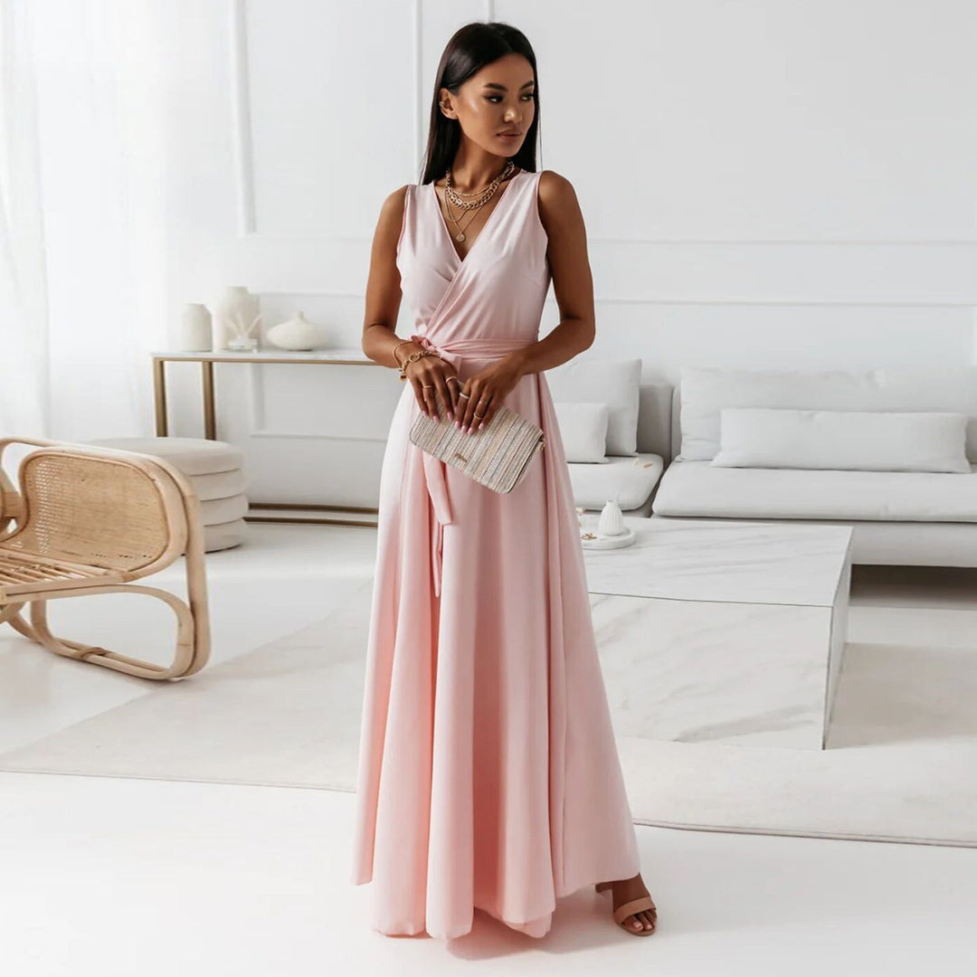 Elegant women's wedding guest maxi dress in a flattering wrap style, perfect for special occasions.