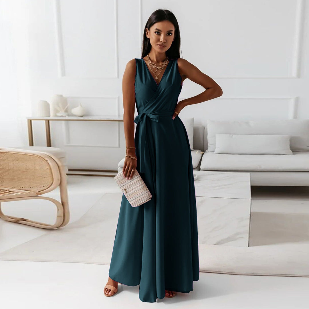 Light pink women's formal wrap maxi dress, ideal as a wedding guest or elegant party dress.
