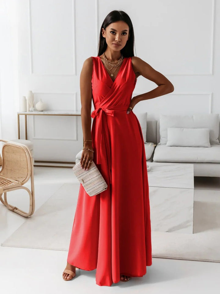 Flowy women's wrap maxi dress, an elegant long gown for wedding guests, special occasions, or formal parties.