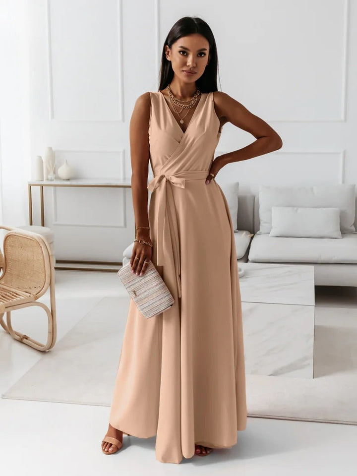Full-length view of a women's elegant wrap maxi dress, a chic wedding guest dress for any special occasion.