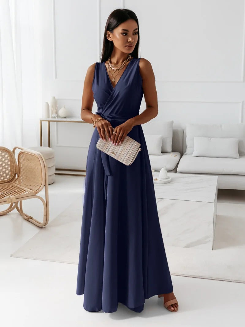 Sophisticated women's long wrap dress, a versatile maxi for wedding guests, evening events, or formal wear.