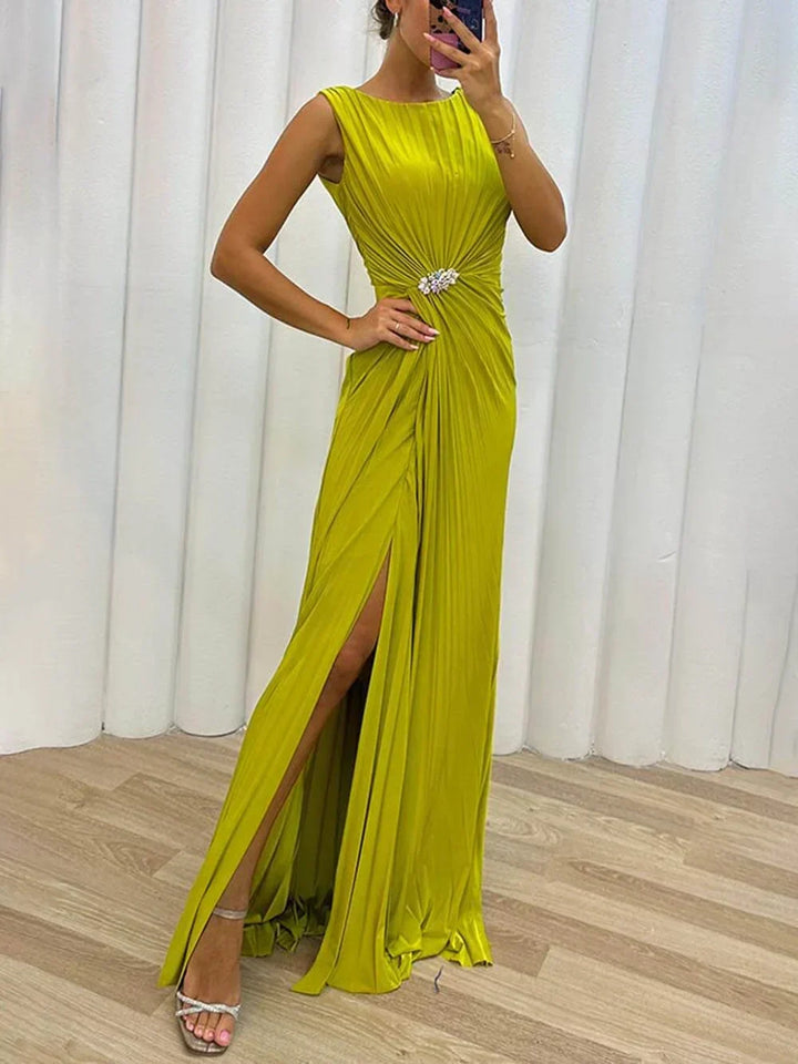 Elegant women's wedding guest maxi dress with draped details & boat neckline, perfect for special occasions.
