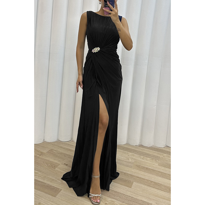 Stunning black formal draped maxi dress for women, ideal as a wedding guest or evening gown.