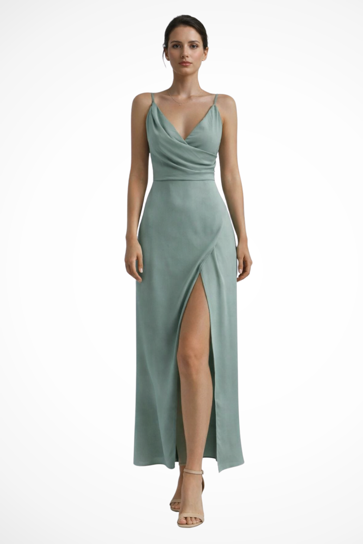 Refined women's floor-length maxi dress featuring a draped bodice and elegant leg slit for events.