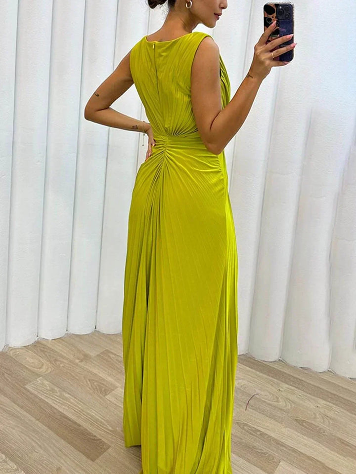 Chic yellow draped maxi party dress for women, an elegant wedding guest gown with a sophisticated boat neckline.