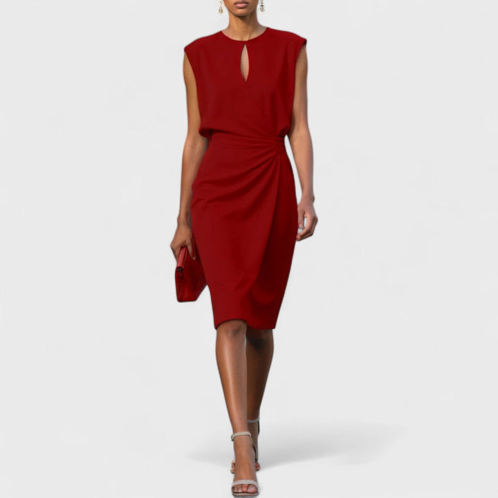 Flattering women's midi dress with a keyhole neckline, perfect for weddings & cocktails. Elegant ruched waist.