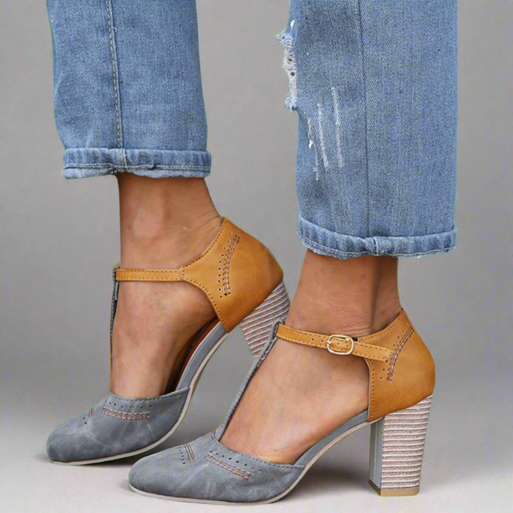 Stylish women's formal sandals: black/gray pointed toe with comfortable ankle strap & block heel. Ideal for evening.