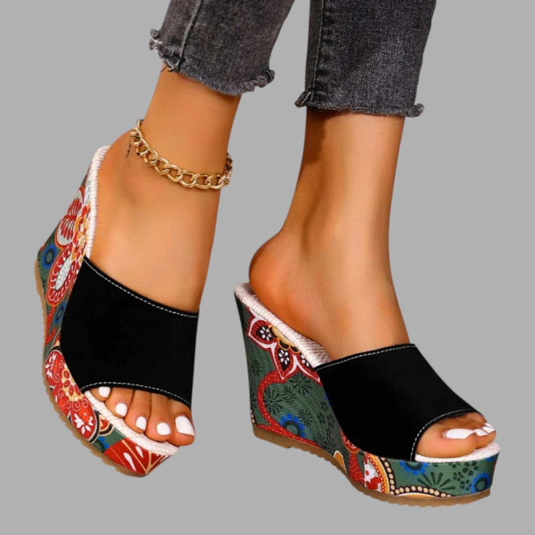 Chic women's wedge sandals. Elegant, comfortable summer shoes for ladies. Stylish heeled footwear for occasion wear.