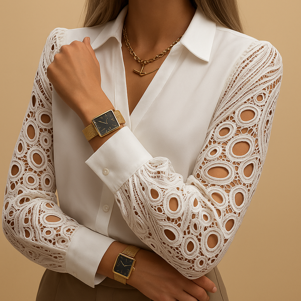 Stylish women's work blouse featuring elegant lace sleeves & a classic collar. A versatile formal wear button-up top.