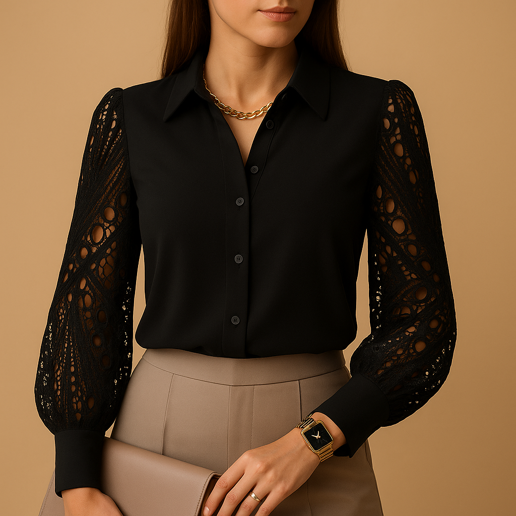 Chic women's evening blouse with sophisticated lace sleeves. A stylish and versatile button-up top for formal outfits.
