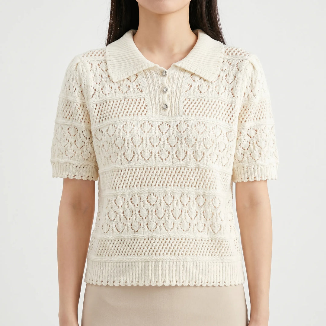Breathable women's short-sleeve crochet knit top. Versatile white blouse for casual or everyday summer wear.