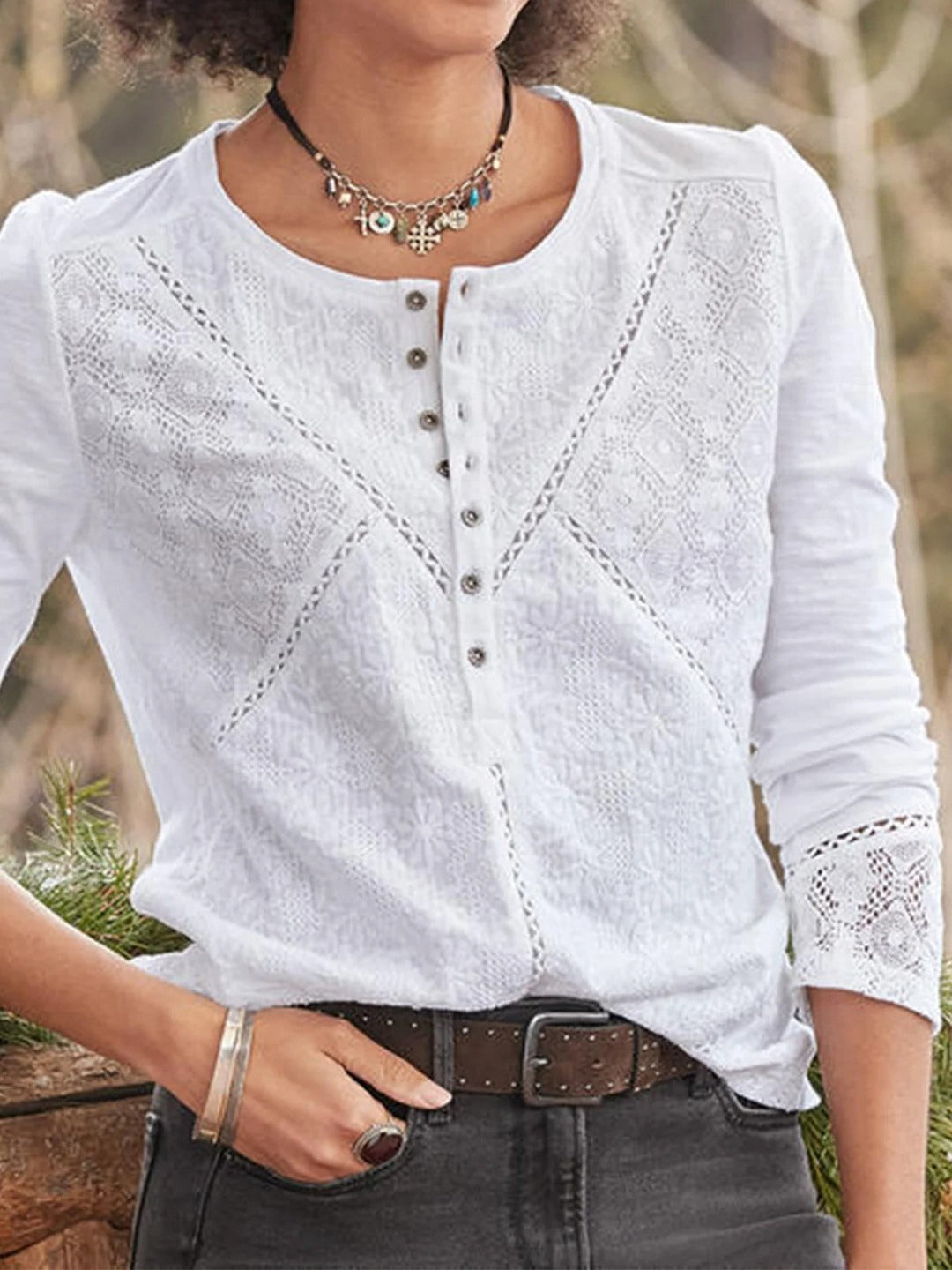 Elegant women's white lace crew neck long sleeve blouse, a versatile top for office or casual wear.
