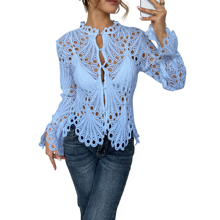 Chic hollow out lace long sleeve blouse for women, showcasing intricate cutwork, ideal for an elegant look.