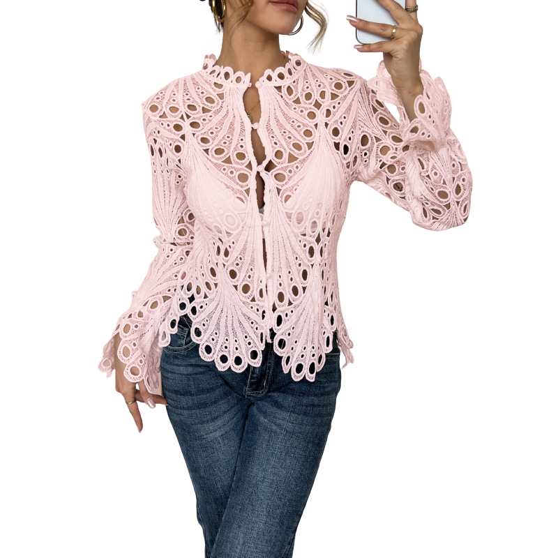 Versatile women's long sleeve lace blouse with intricate cutwork design, perfect for casual spring fashion.