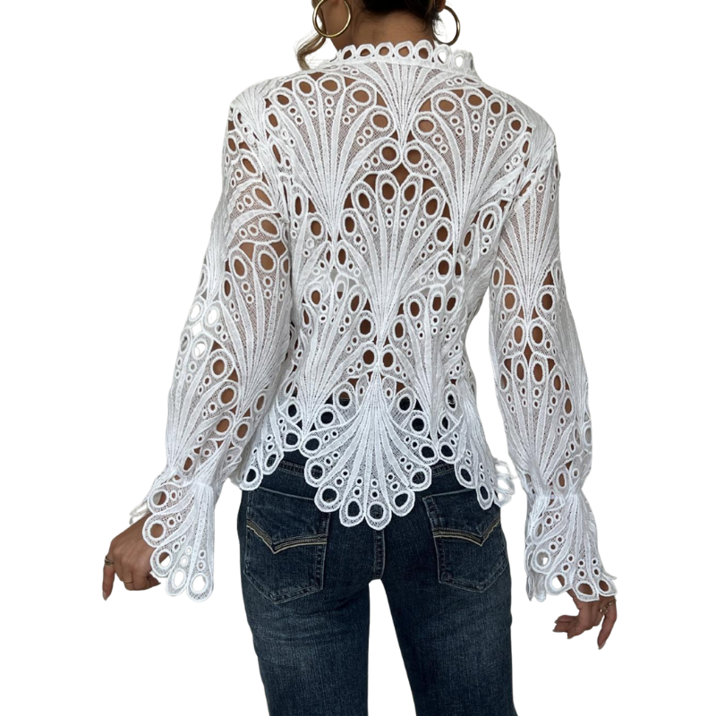 Feminine women's lace cutwork blouse with elegant long lantern sleeves and a stylish tie-front detail.